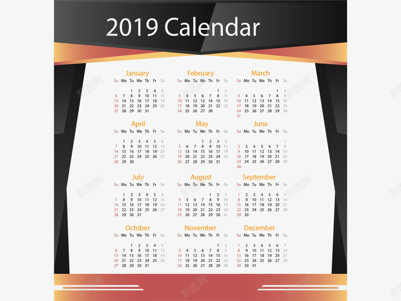 黑色边框2019年日历矢量图ai免抠素材_新图网 https://ixintu.com 2019日历 新年日历 日历 矢量png 黑色边框 矢量图
