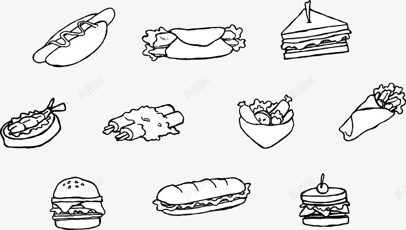 草图烹饪美食矢量图eps免抠素材_新图网 https://ixintu.com 汉堡包 生菜 面包 鸡块 矢量图