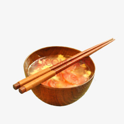 木质碗装的八宝粥西红柿炒鸡蛋碗筷高清图片