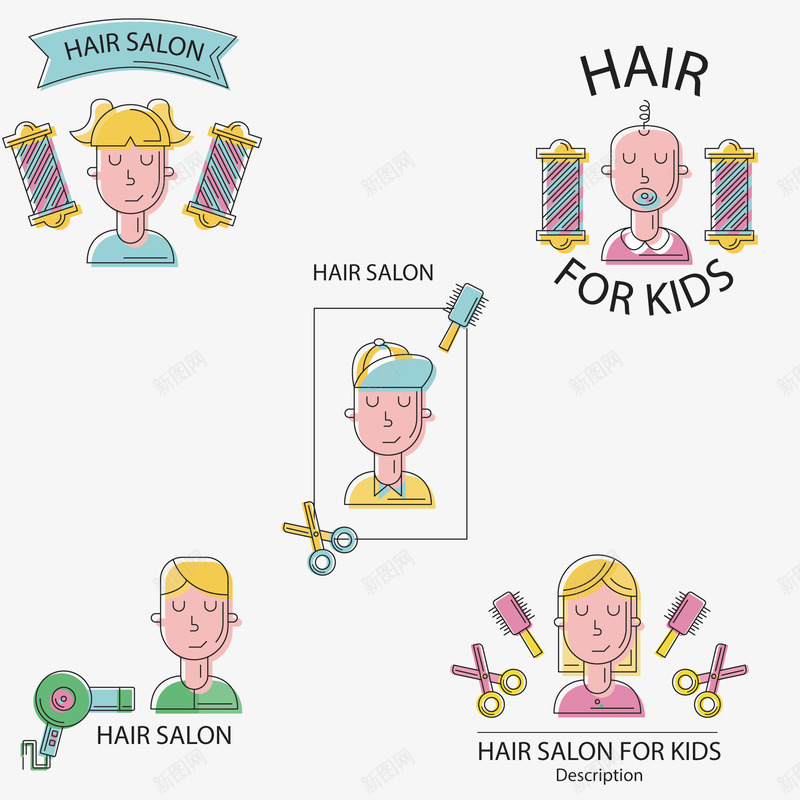 儿童美发沙龙标签png免抠素材_新图网 https://ixintu.com 儿童 剪刀 发型 彩色 理发
