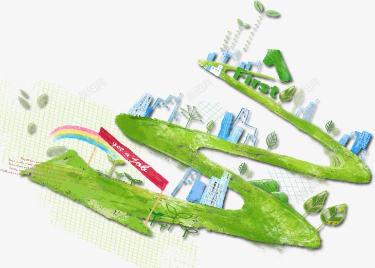 创意城市装饰psd免抠素材_新图网 https://ixintu.com 创意城市装饰 城市建筑 生态城市 绿色 道路
