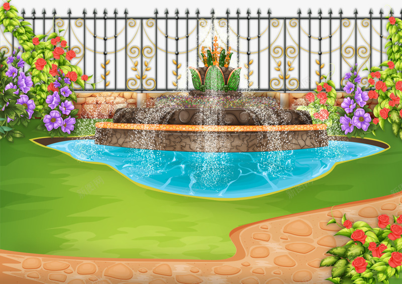 鲜花与喷泉png免抠素材_新图网 https://ixintu.com 喷泉 绿地 花园 花朵