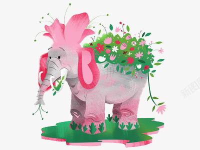 粉色的大象png免抠素材_新图网 https://ixintu.com 叶子 大象 彩色的大象 粉色 花 草地 鲜花