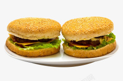 夹层面包盘子里的两个汉堡高清图片