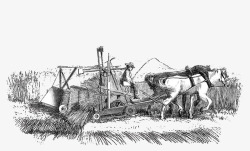 机械化劳作场景铅笔手绘速写收割麦子场景高清图片