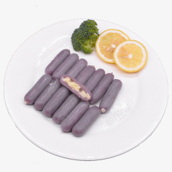 韩国年糕火锅盘子里的紫薯年糕高清图片