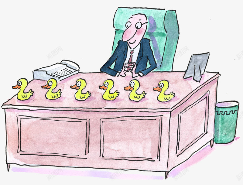 坐办公室的老板png免抠素材_新图网 https://ixintu.com 书桌 垃圾桶 小鸭子 漫画 电话 男人