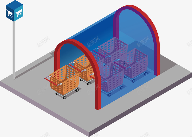 棚里的购物车矢量图ai免抠素材_新图网 https://ixintu.com 原创 大棚 手绘 蓝色 购物车 路灯 运输 矢量图