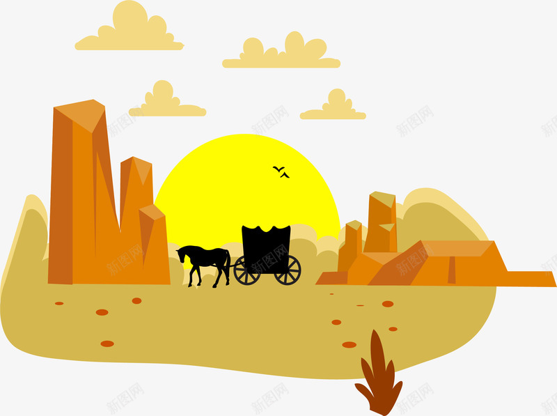 沙漠上的马车png免抠素材_新图网 https://ixintu.com 沙漠 矢量素材 荒野 落日 马车