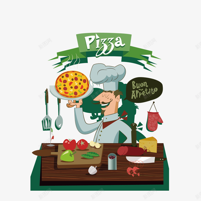 厨师和食物矢量图eps免抠素材_新图网 https://ixintu.com png图形 png装饰 厨师 披萨 装饰 食物 矢量图