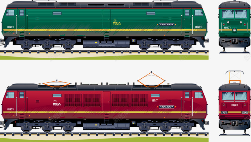 手绘火车png免抠素材_新图网 https://ixintu.com 火车 火车皮 红色 绿色 运输