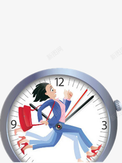 追赶时间的女人png免抠素材_新图网 https://ixintu.com 包包 指针 红色 蓝色 表