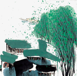 柳树下柳树下的小屋水墨画高清图片