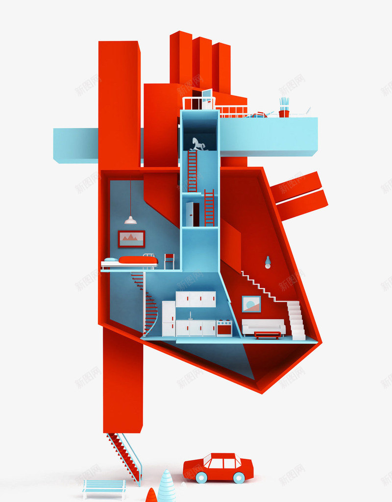 红色房子室内png免抠素材_新图网 https://ixintu.com 平面素材 建筑 房子 柜子 楼梯