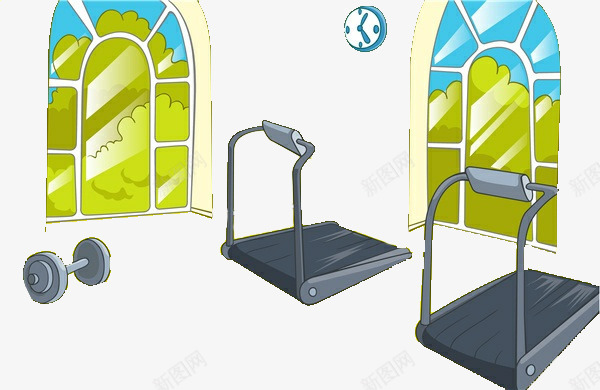 卡通活动室健身png免抠素材_新图网 https://ixintu.com 健身 哑铃 室内活动 活动 活动室 跑步机 钟表