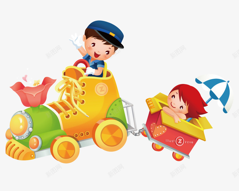 孩子坐玩具火车png免抠素材_新图网 https://ixintu.com 手绘 拟物化 火车 玩具 矢量人物