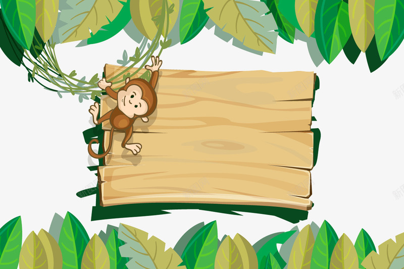 卡通猴子爬树png免抠素材_新图网 https://ixintu.com 丛林 卡通 标牌 猴子 猴子爬树 绿藤