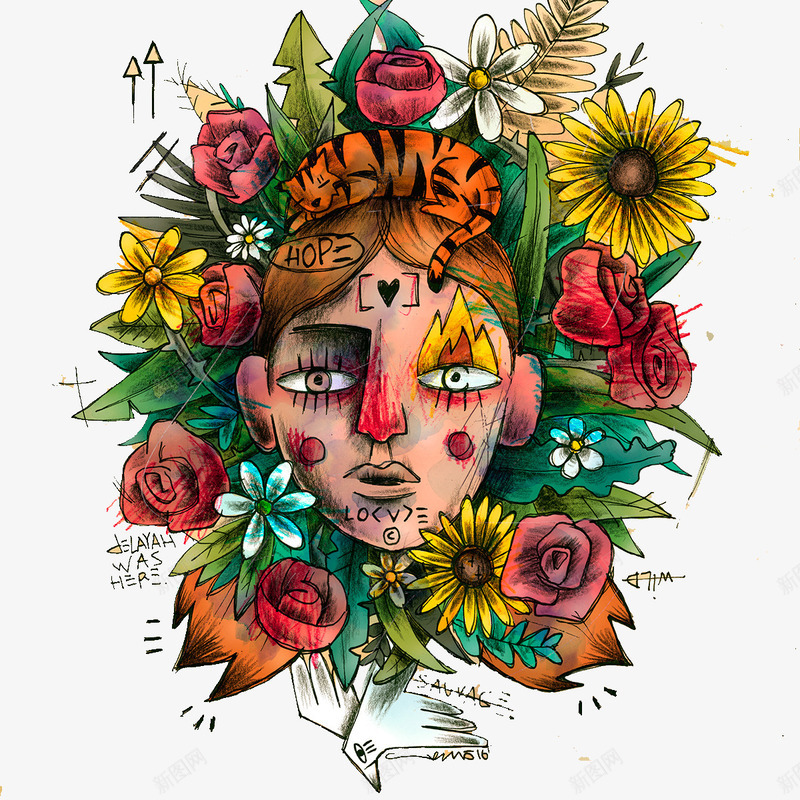 彩绘人物花图案png免抠素材_新图网 https://ixintu.com 人物插图 创意图案 红色的玫瑰花