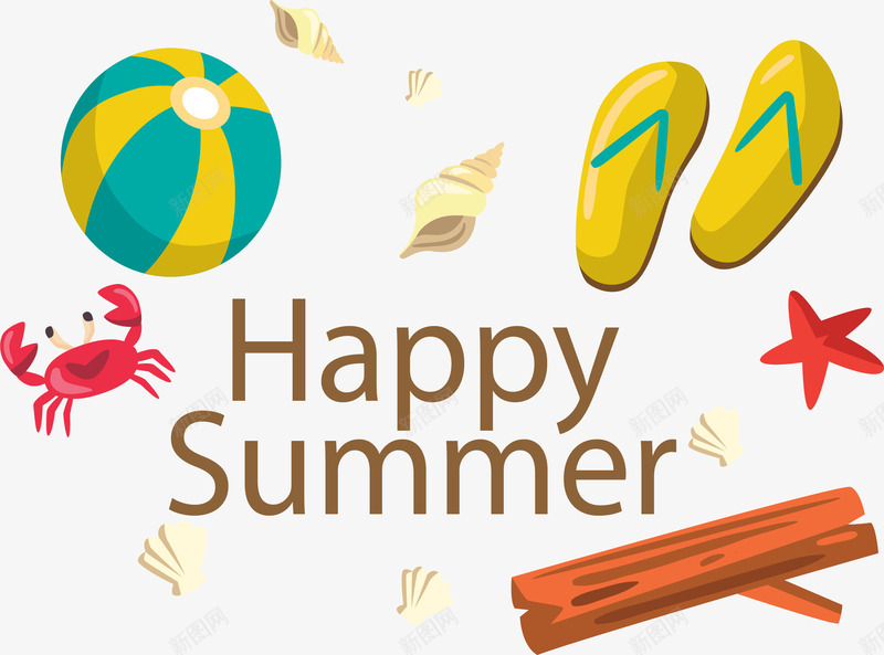 快乐的夏日假期png免抠素材_新图网 https://ixintu.com 夏日假期 矢量素材 破木桩 美丽的海螺 螃蟹