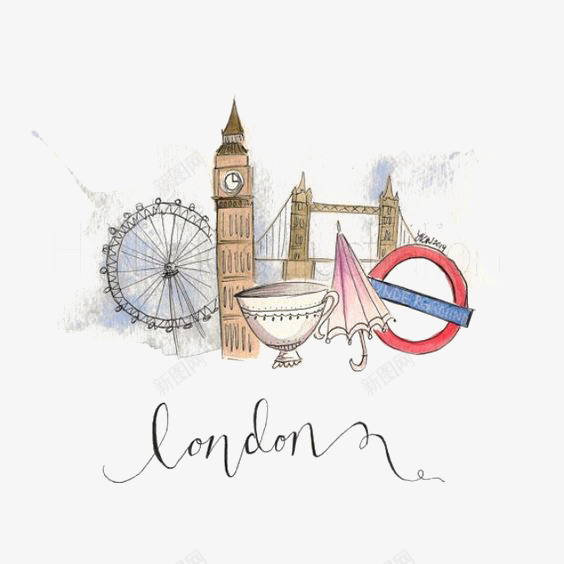 手绘伦敦标志png免抠素材_新图网 https://ixintu.com 伦敦 卡通 大本钟 手绘 插画 英国