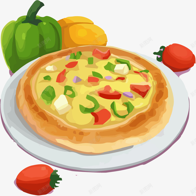 手绘披萨与蔬菜png免抠素材_新图网 https://ixintu.com 免抠披萨素材 披萨 美食 蔬菜 食物