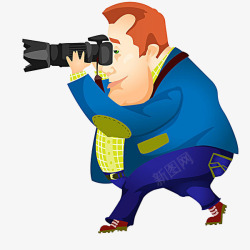 男子照相卡通肥胖的蓝衣记者高清图片