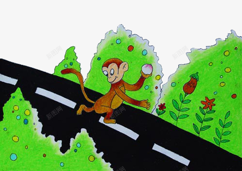 少儿美术猴子摘桃子png免抠素材_新图网 https://ixintu.com 少儿 少儿美术 手绘 猴子摘桃子 素材 美术