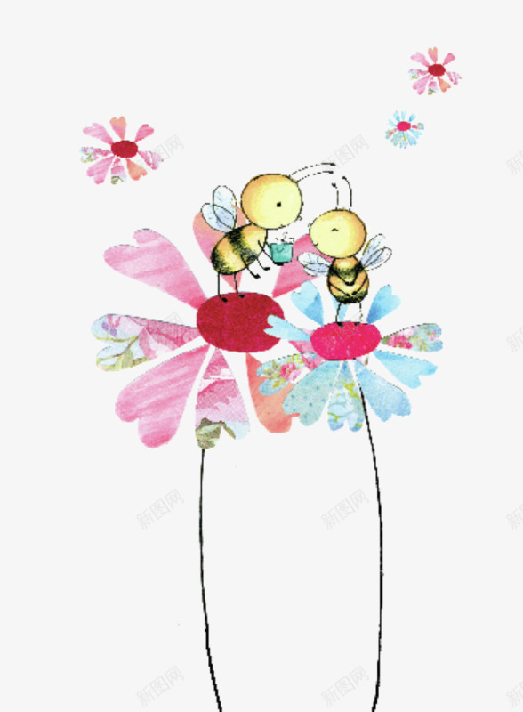 卡通儿童采蜜小蜜蜂图案png免抠素材_新图网 https://ixintu.com 卡通手绘 小花朵 小蜜蜂 采蜜