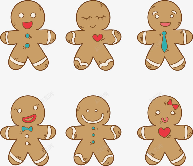 扁平的饼干人png免抠素材_新图网 https://ixintu.com 六个饼干人 圣诞素材 带领带的饼干人 闭眼的饼干人