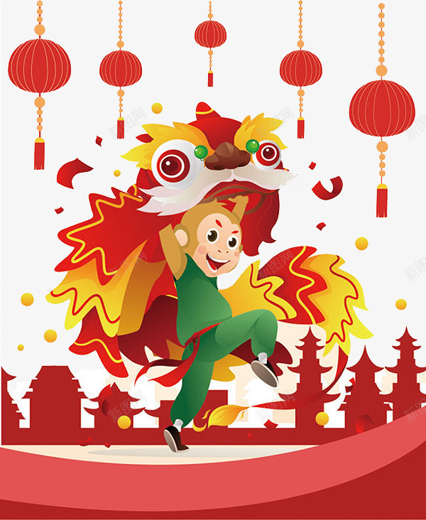 中国风猴子舞龙海报png免抠素材_新图网 https://ixintu.com 中国风 猴子 红色 舞龙