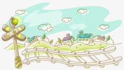 手绘的车道可爱手绘火车道附近街景高清图片