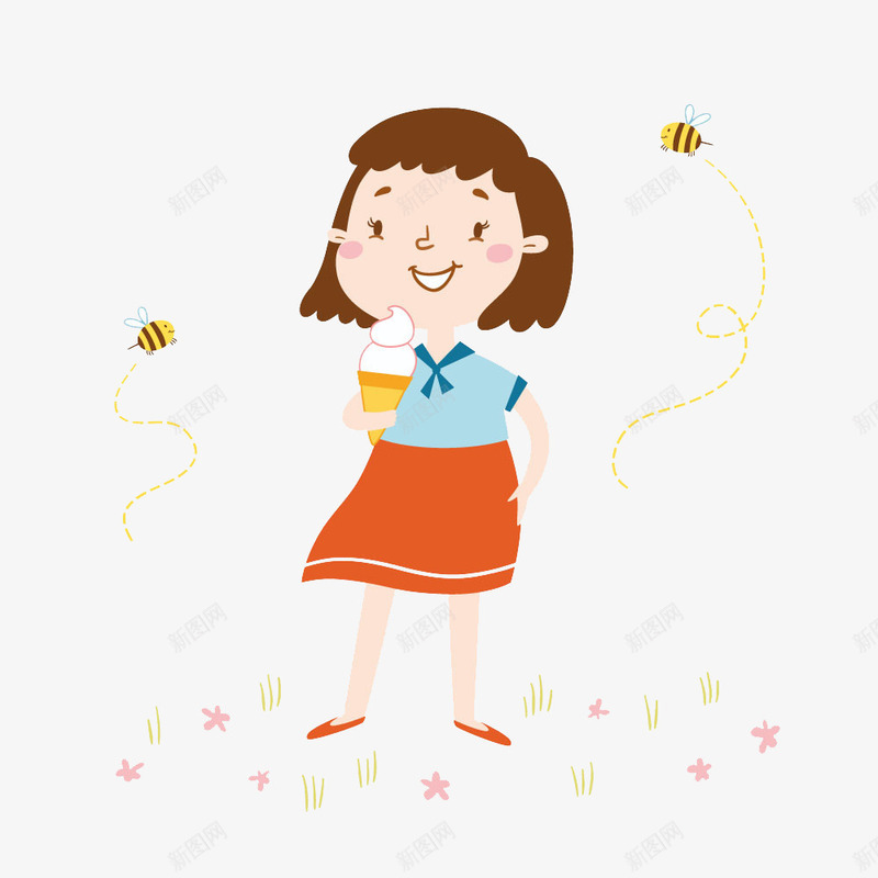 吃冰淇淋的小女孩png免抠素材_新图网 https://ixintu.com 冰淇淋 卡通插画 小女孩 蜜蜂