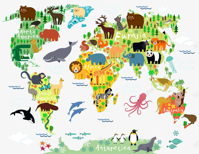 动物地图png免抠素材_新图网 https://ixintu.com 卡通棕熊 猴子 鳄鱼