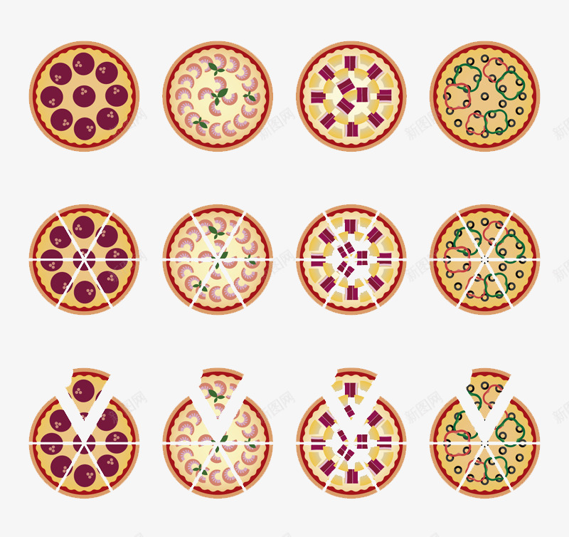 12款彩色披萨矢量图ai免抠素材_新图网 https://ixintu.com 卡通 彩色 披萨 美食 矢量图