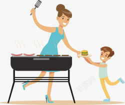 一个烧烤机一个给孩子做烧烤的母亲矢量图高清图片