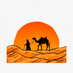 沙漠日落用骆驼剪影手绘沙漠高清图片