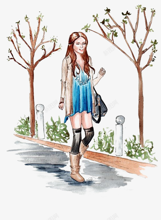散步的女人png免抠素材_新图网 https://ixintu.com 优雅 卡通 女人 手绘 插画 散步 蓝色 裙子