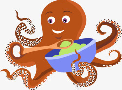 手绘褐色章鱼吃饭图案素材