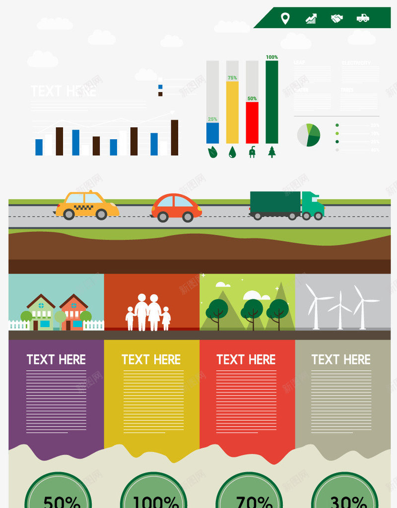 环保相关信息png免抠素材_新图网 https://ixintu.com 条形图 树木 车子 风车