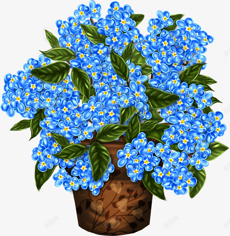 蓝色花盆png免抠素材_新图网 https://ixintu.com 叶子 绿叶 花叶 花盆 蓝色花朵 鲜花