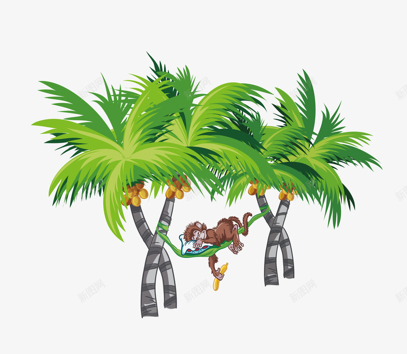 猴子爬树png免抠素材_新图网 https://ixintu.com 卡通 吊床 手绘 椰子树 猴子 猴子爬树