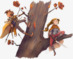 手绘在树上打猎的公主和王子素材
