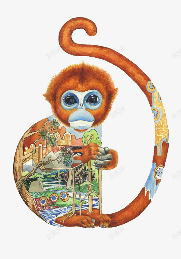 呆萌的小猴子png免抠素材_新图网 https://ixintu.com 动物 卡通手绘 可爱 尾巴 毛发 毛脸 水彩 猴子