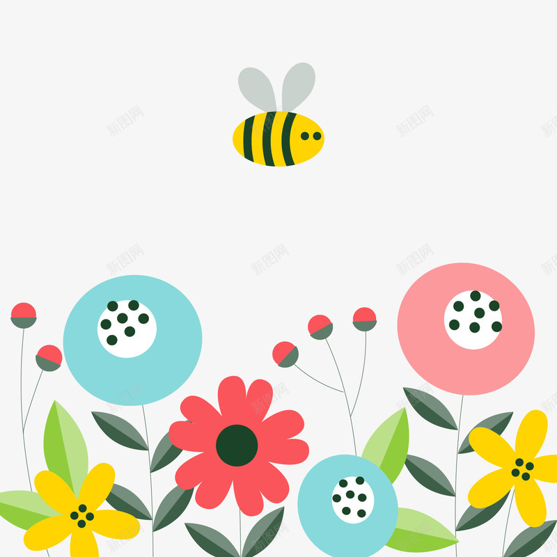 彩色花朵蜜蜂png免抠素材_新图网 https://ixintu.com 卡通花朵 卡通蜜蜂 彩色花朵 背景装饰