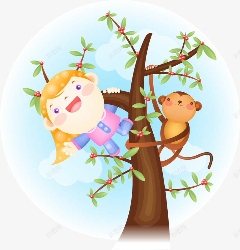 爬在树枝上的小女孩与猴子png免抠素材_新图网 https://ixintu.com 卡通 可爱插图 小女孩 树叶与红果 树叶枝 树枝 爬树 猴子