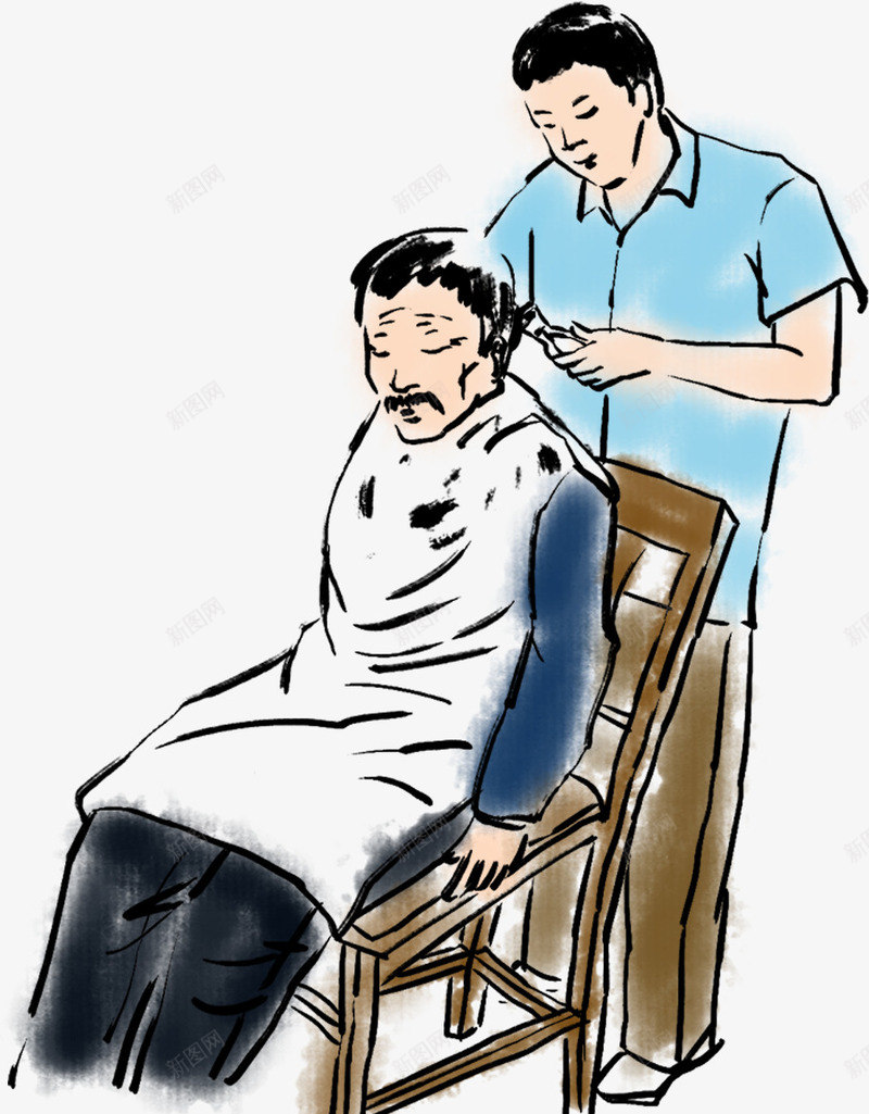 手绘给父亲理发的儿子插画png免抠素材_新图网 https://ixintu.com PNG 孝心 手绘 插画 爱心 父亲节 父子 给父亲理发的儿子