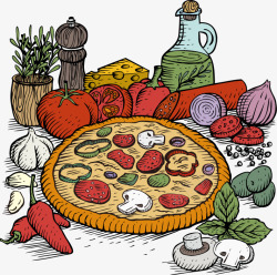 手绘水果蔬菜披萨材料素材