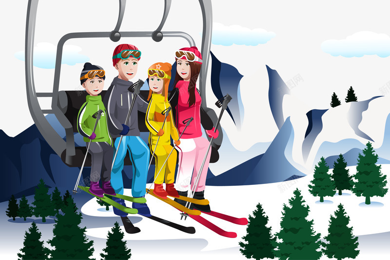 坐在缆车上去滑雪的人矢量图eps免抠素材_新图网 https://ixintu.com 树林 滑雪的人 索道上的缆车 雪山 雪山索道 矢量图