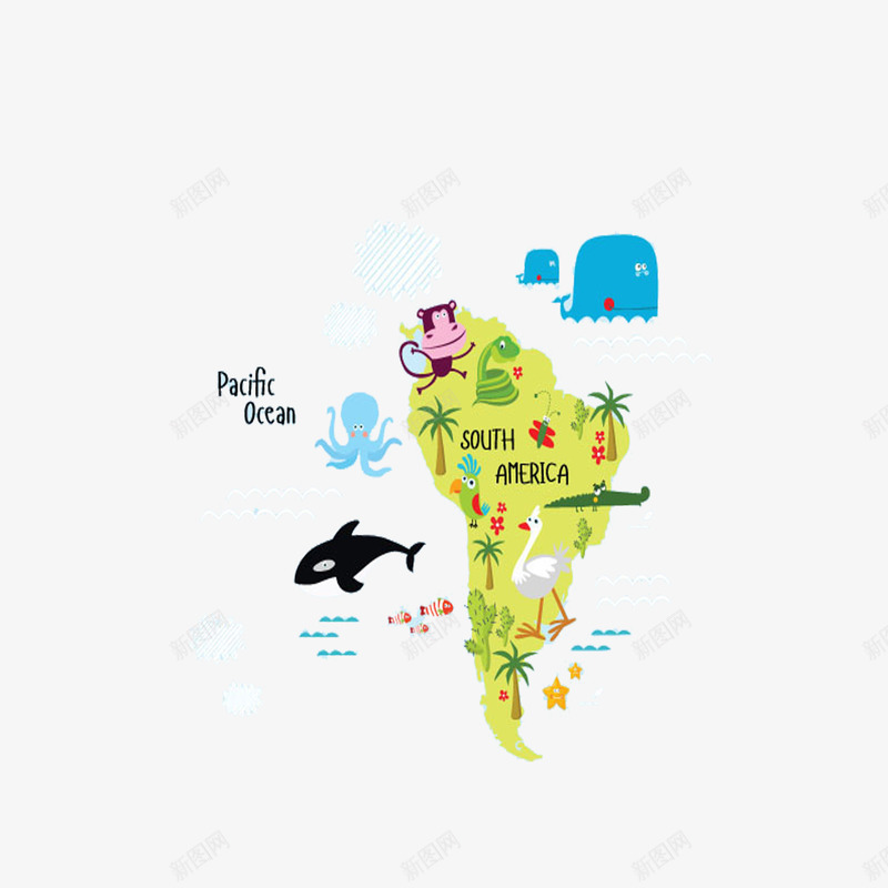 南美洲动物插画png免抠素材_新图网 https://ixintu.com 卡通蛇 卡通鲸 卡通鹦鹉 章鱼