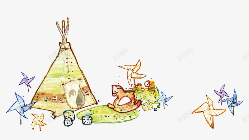 卡通手绘玩具png免抠素材_新图网 https://ixintu.com 卡通 帐篷 手绘 木马 玩具 风车